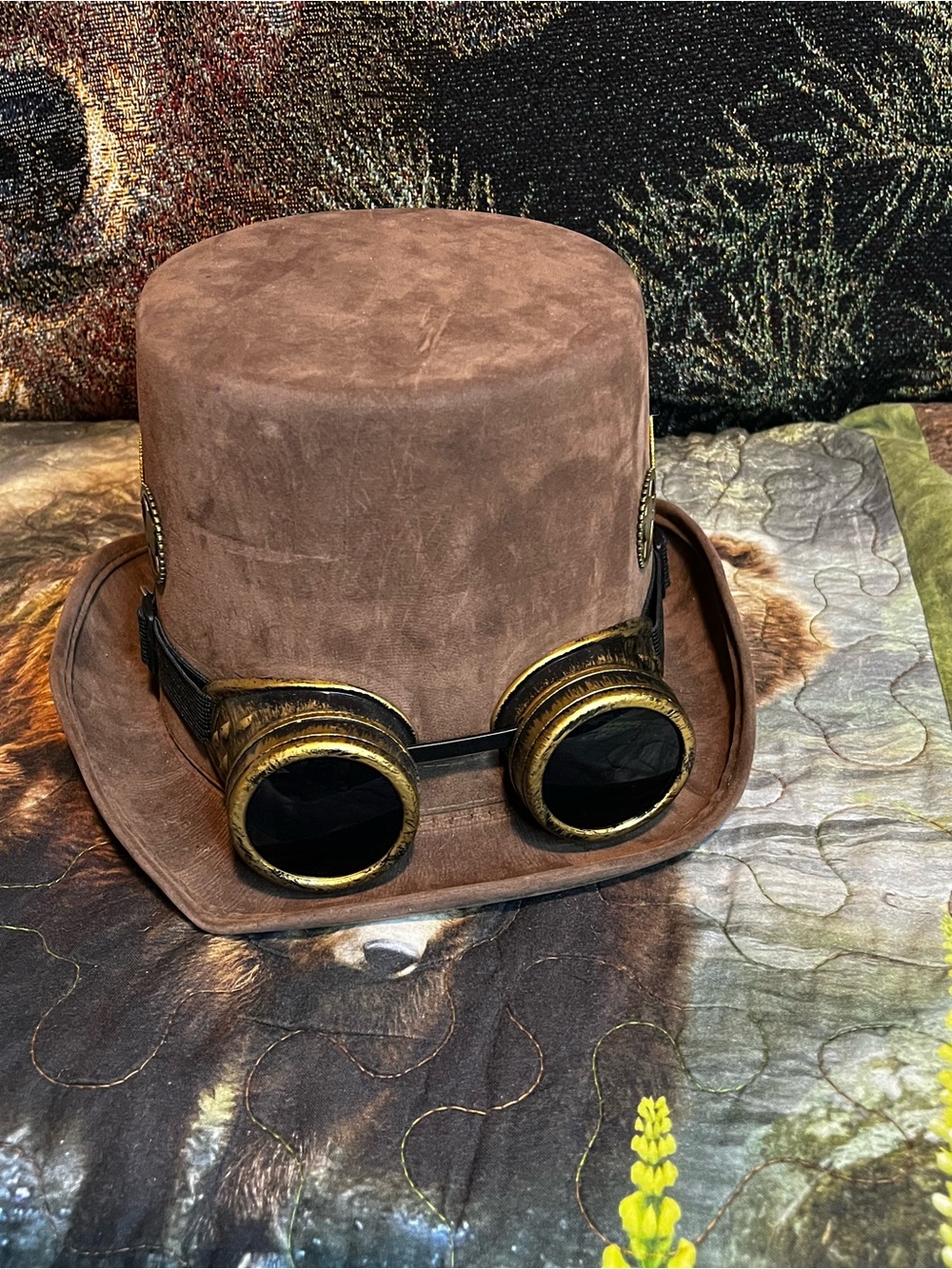 Brown Steampunk Top Hat with Brass-Accent Goggles